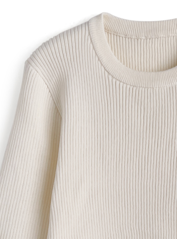 袖シアーフリルリブニットトップス