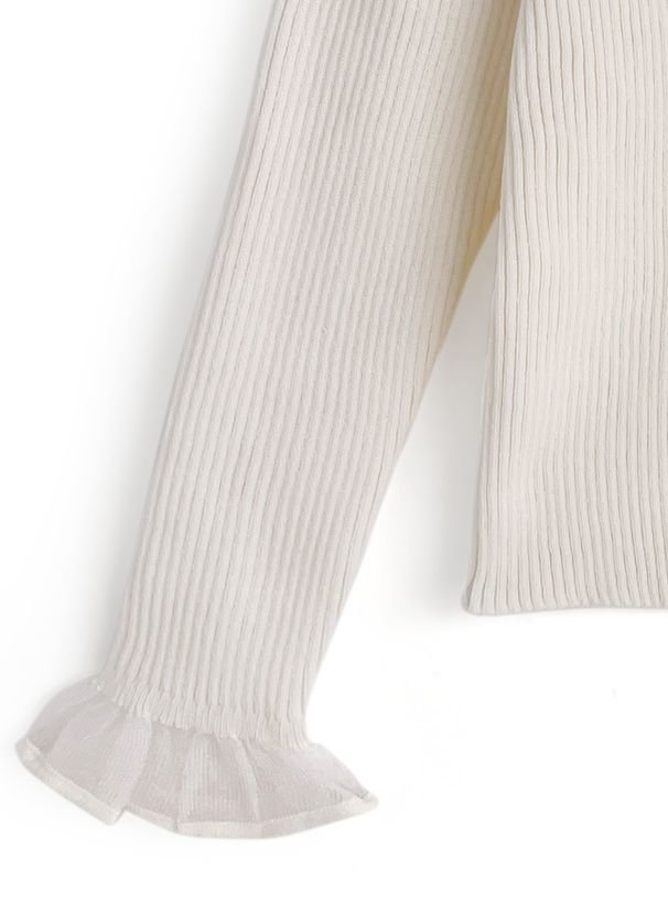 袖シアーフリルリブニットトップス