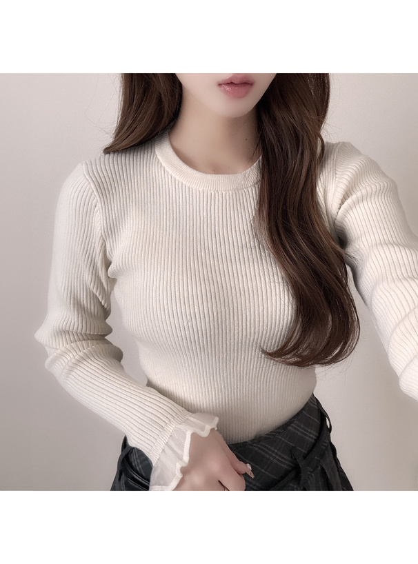 袖シアーフリルリブニットトップス