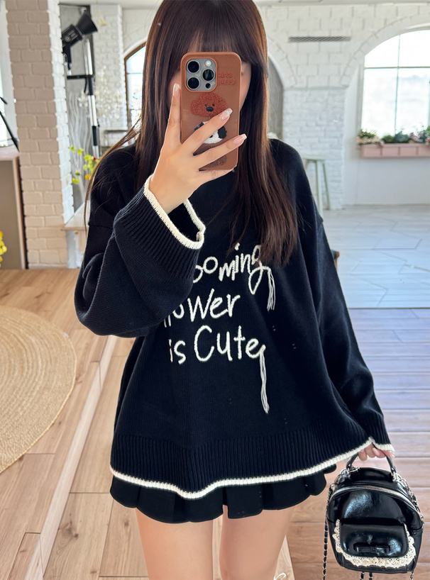 配色ロゴ刺繍ニットトップス[uf076] | レディースファッション通販の