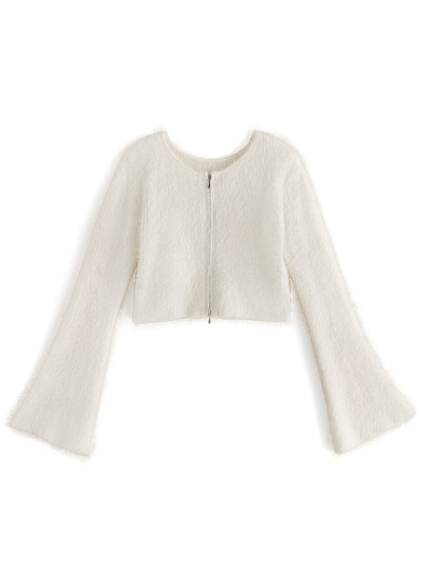 フェザーニットダブルジップショート丈トップス