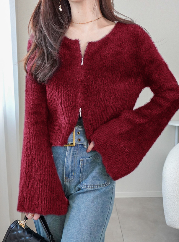 フェザーニットダブルジップショート丈トップス