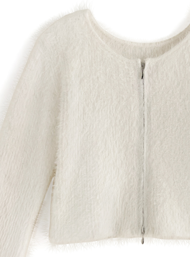 フェザーニットダブルジップショート丈トップス