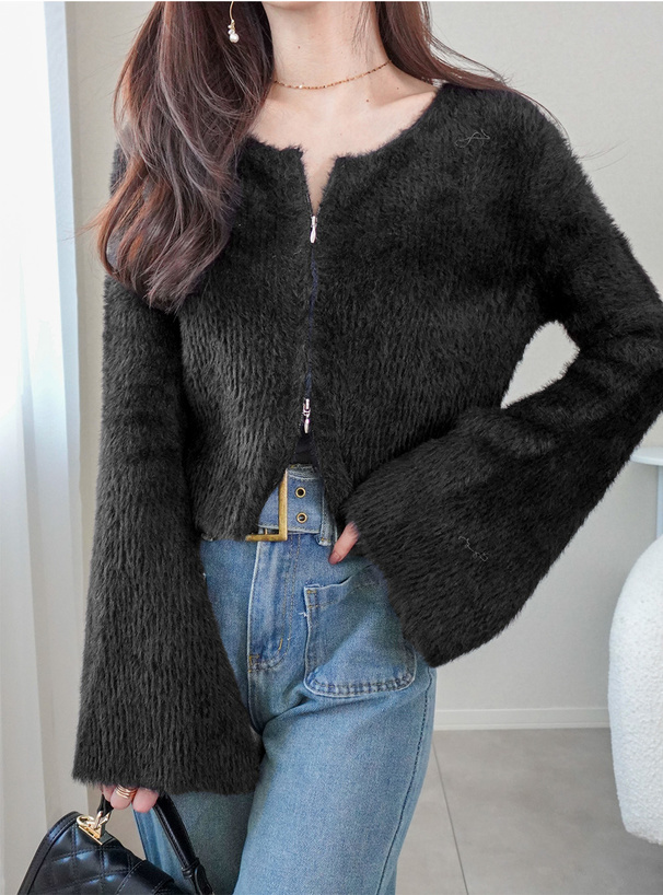 フェザーニットダブルジップショート丈トップス