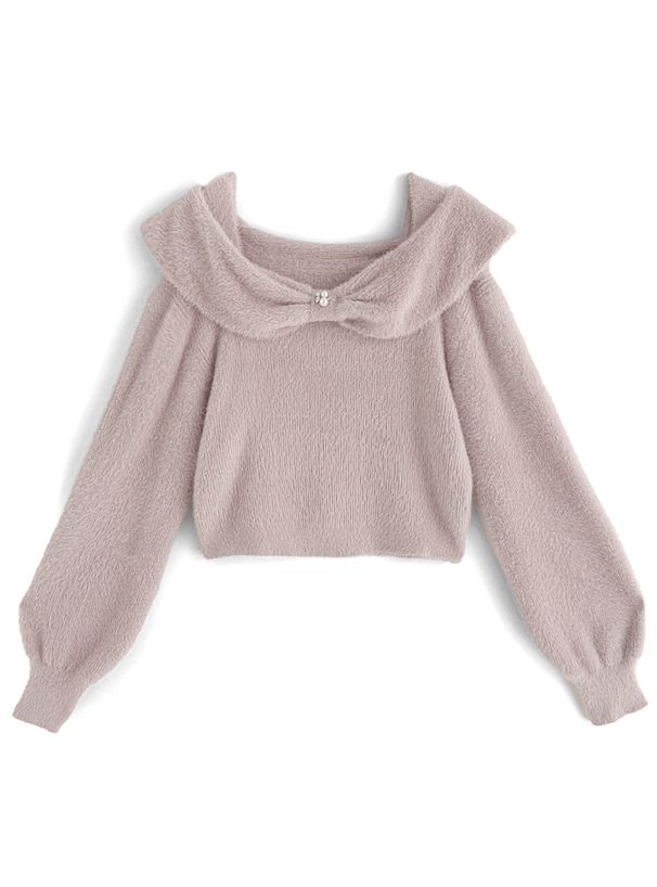 リボンカラーフェザーニットトップス