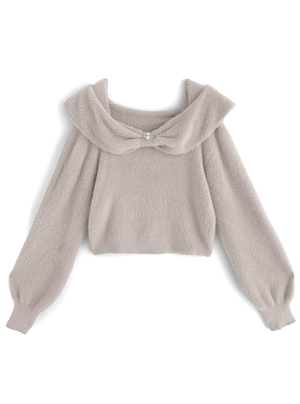 リボンカラーフェザーニットトップス