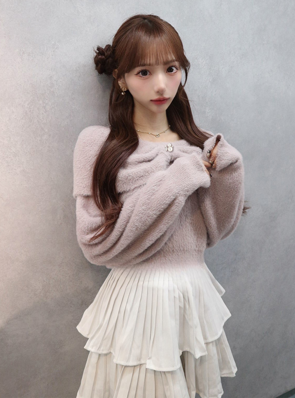 リボンカラーフェザーニットトップス