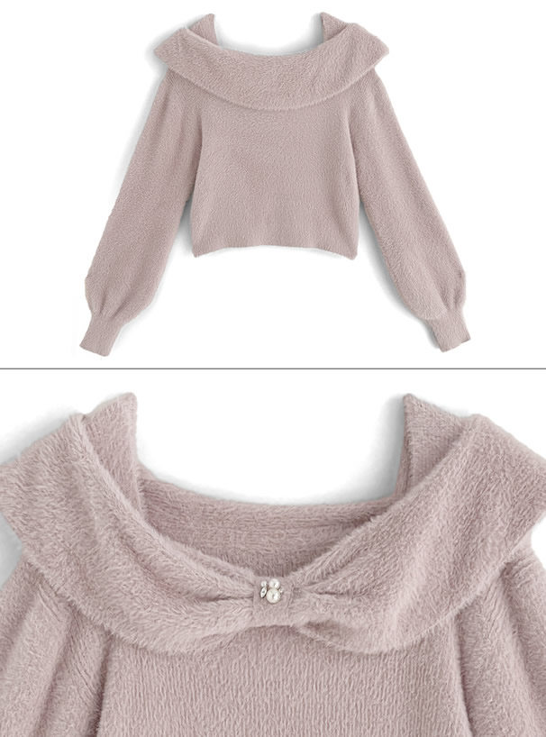 リボンカラーフェザーニットトップス