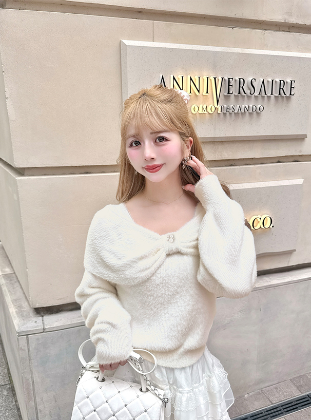 リボンカラーフェザーニットトップス