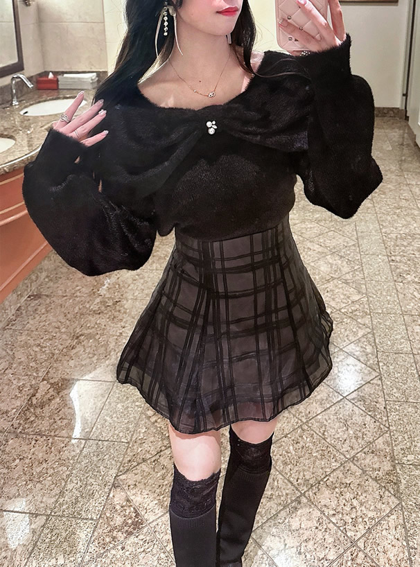 リボンカラーフェザーニットトップス