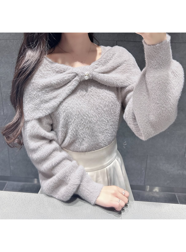 リボンカラーフェザーニットトップス