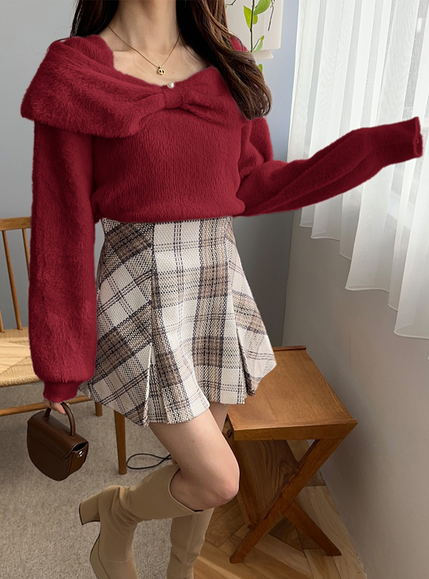 リボンカラーフェザーニットトップス