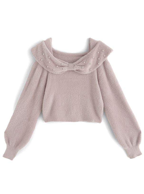 リボンカラーフェザーニットトップス