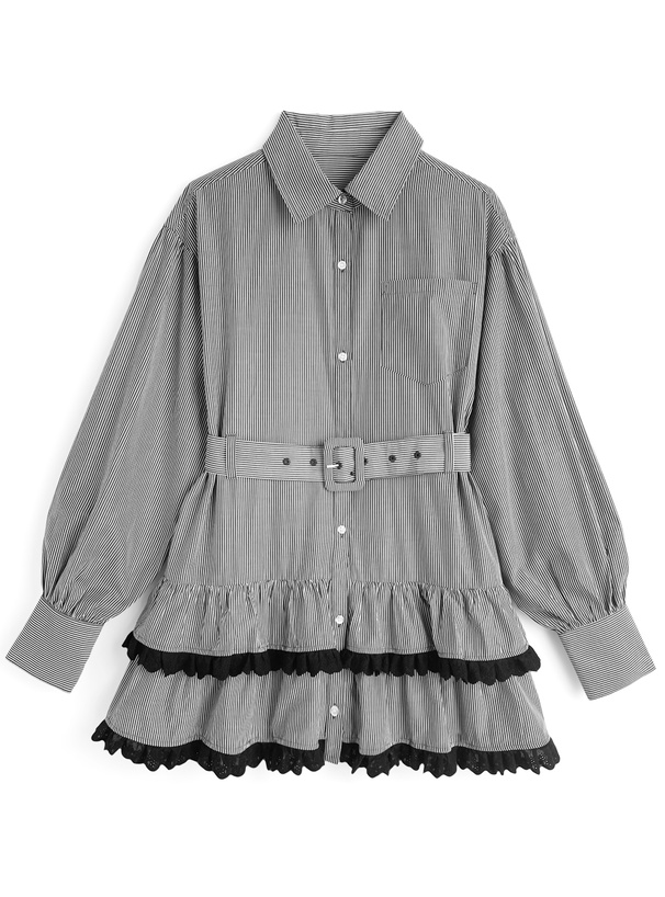 ベルト付きストライプ柄ティアードフリルミニワンピース
