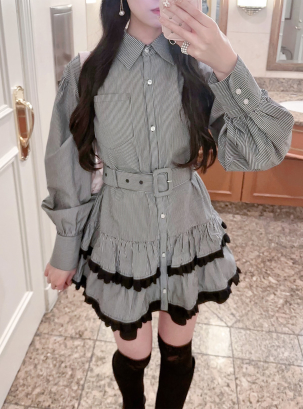 ベルト付きストライプ柄ティアードフリルミニワンピース[ws21