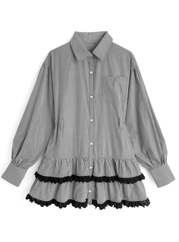 ベルト付きストライプ柄ティアードフリルミニワンピース