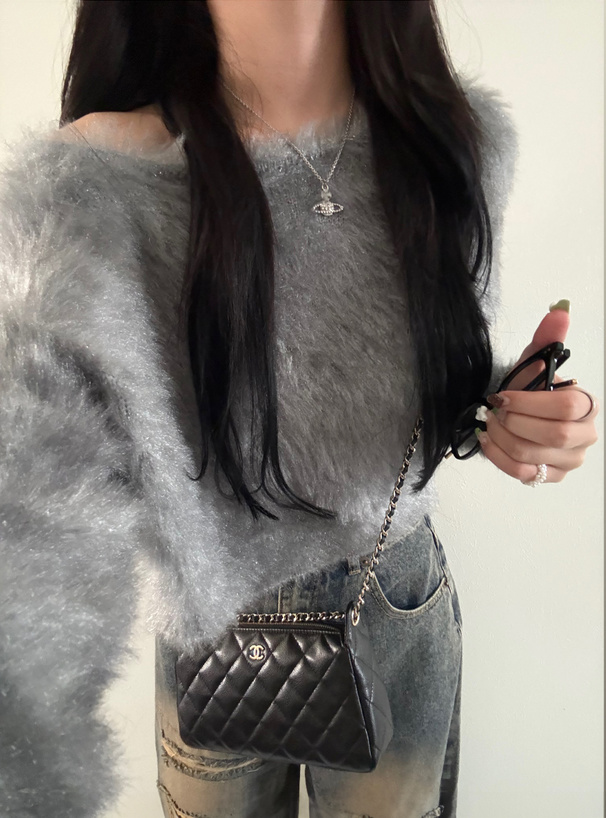 ワンショルダーラメニットトップス