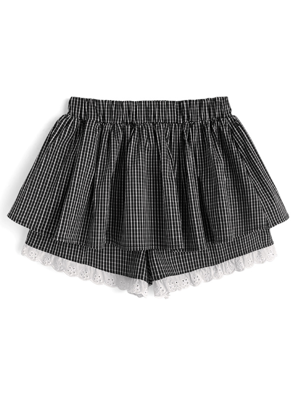 チェック柄レースドッキングミニスカートパンツ