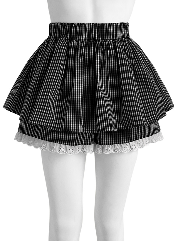 チェック柄レースドッキングミニスカートパンツ