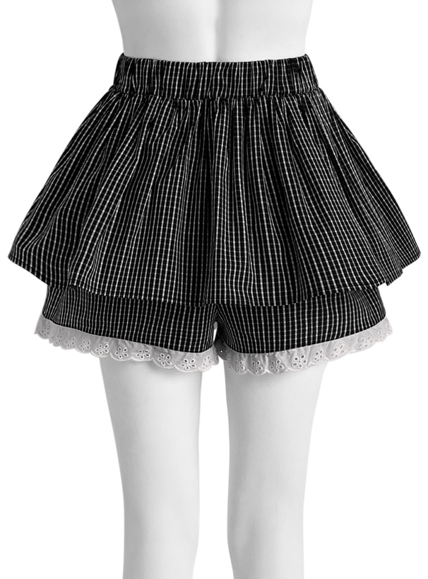 チェック柄レースドッキングミニスカートパンツ