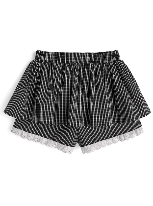 チェック柄レースドッキングミニスカートパンツ
