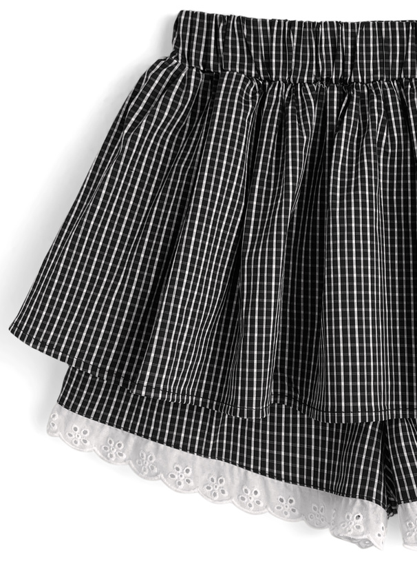チェック柄レースドッキングミニスカートパンツ