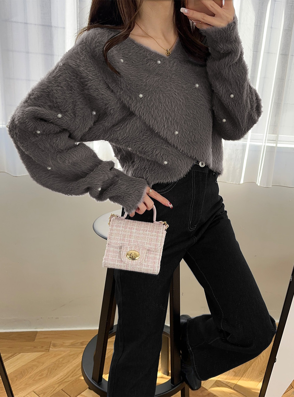 パールカシュクールシャギーニットトップス