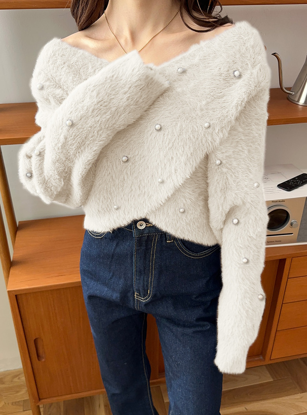 パールカシュクールシャギーニットトップス