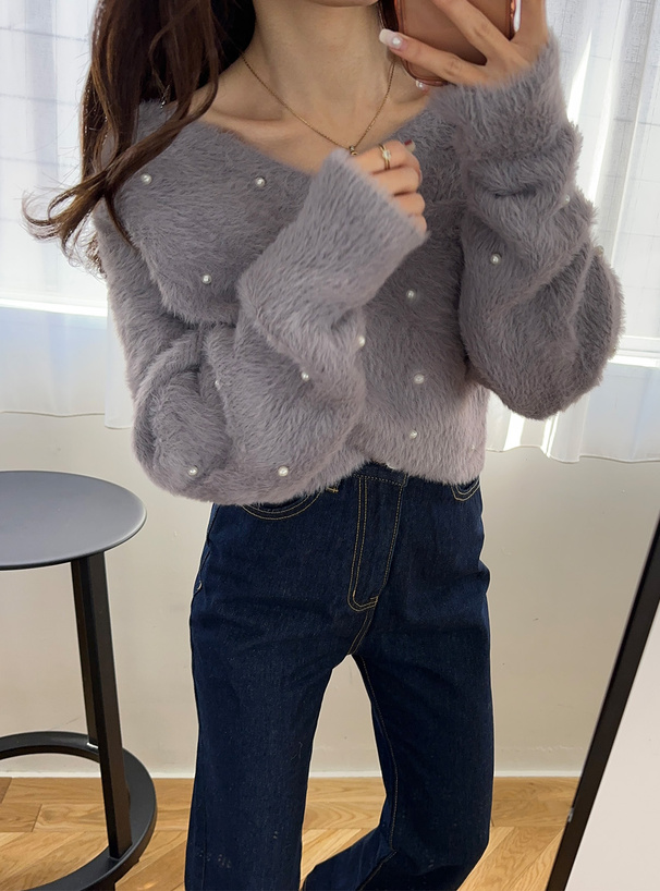 パールカシュクールシャギーニットトップス