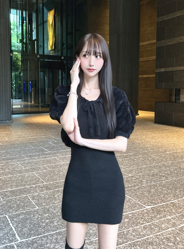 リボンシャギーボレロ×ノースリーブミニワンピースニットセットアップ