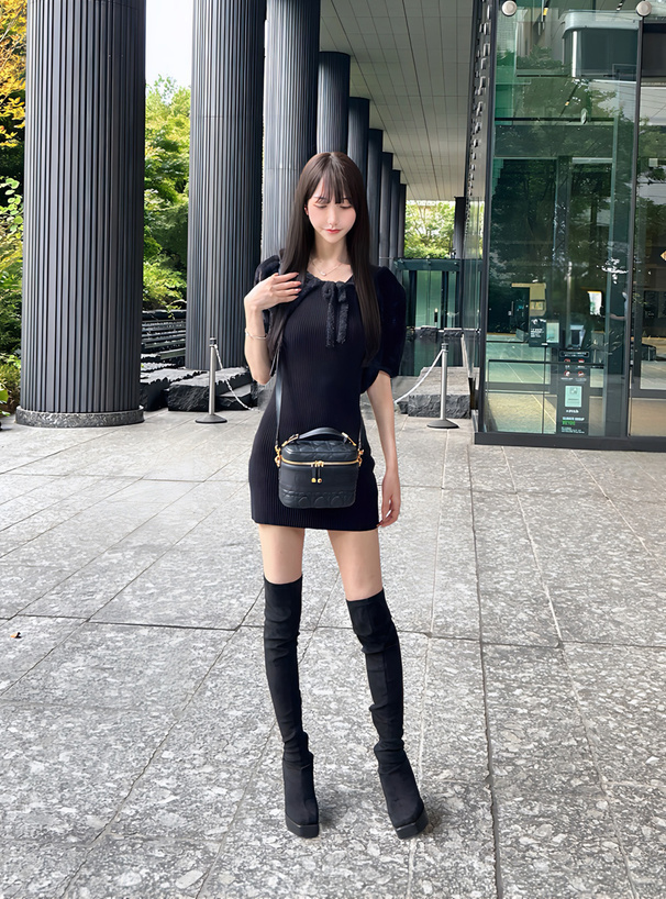 リボンシャギーボレロ×ノースリーブミニワンピースニットセットアップ