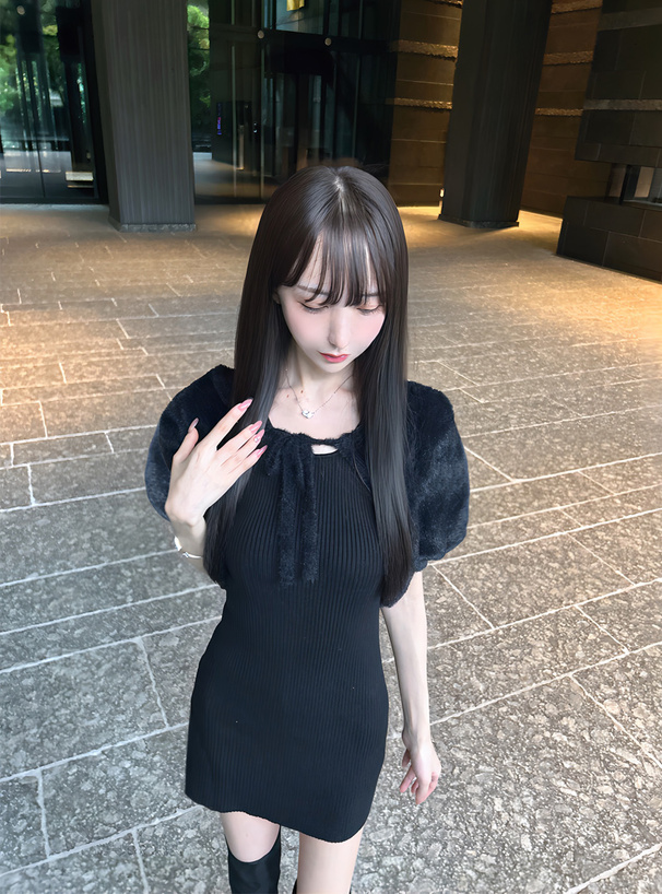 リボンシャギーボレロ×ノースリーブミニワンピースニットセットアップ