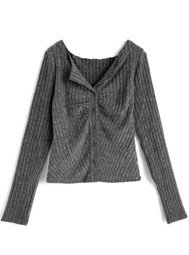 フロントボタンギャザー表起毛リブトップス