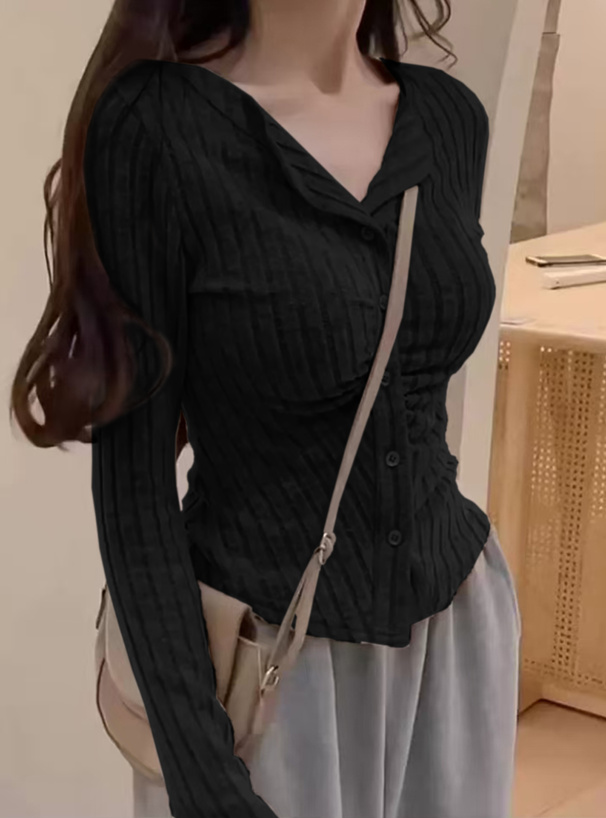 フロントボタンギャザー表起毛リブトップス