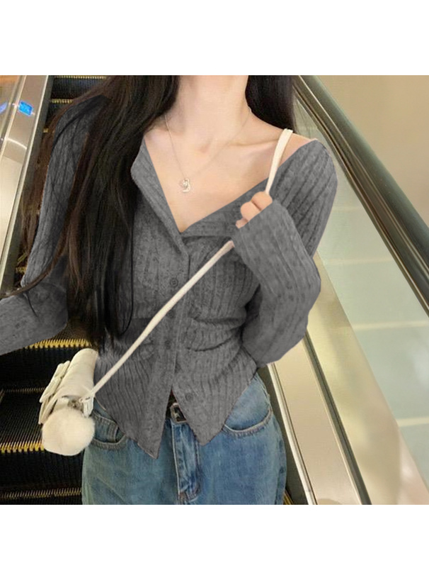 フロントボタンギャザー表起毛リブトップス