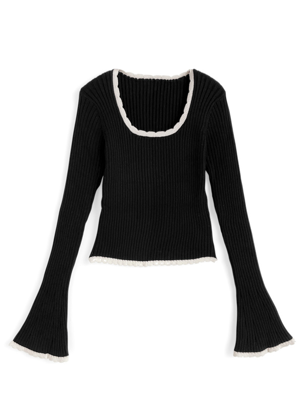 配色スカラップリブニットトップス