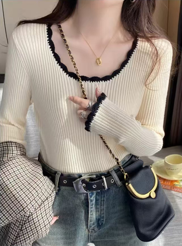 配色スカラップリブニットトップス