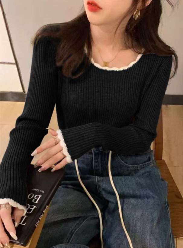 配色スカラップリブニットトップス