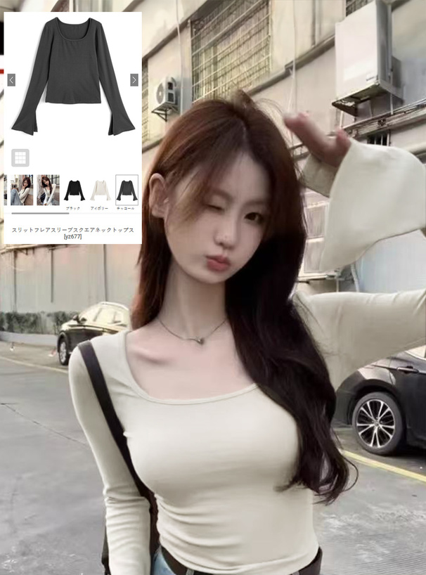 スリットフレアスリーブスクエアネックトップス