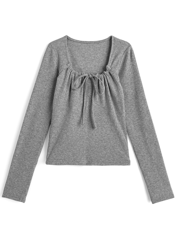 リボンギャザースクエアネックリブトップス