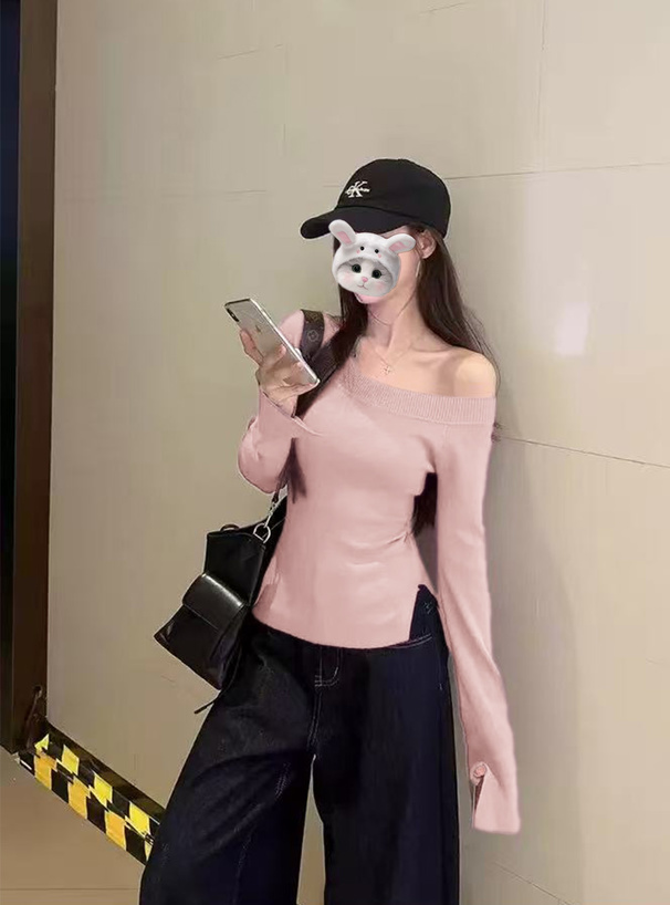 ワンショルダーリブニットトップス