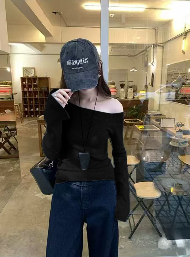 ワンショルダーリブニットトップス