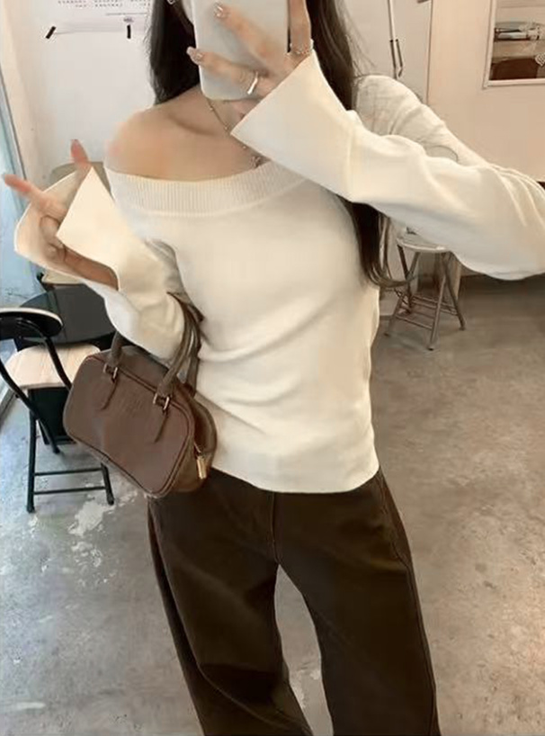 ワンショルダーリブニットトップス