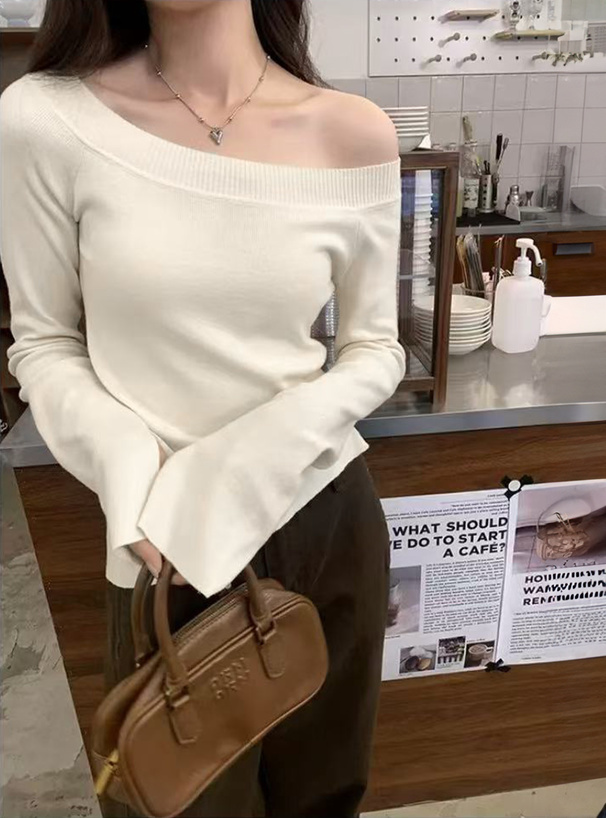 ワンショルダーリブニットトップス