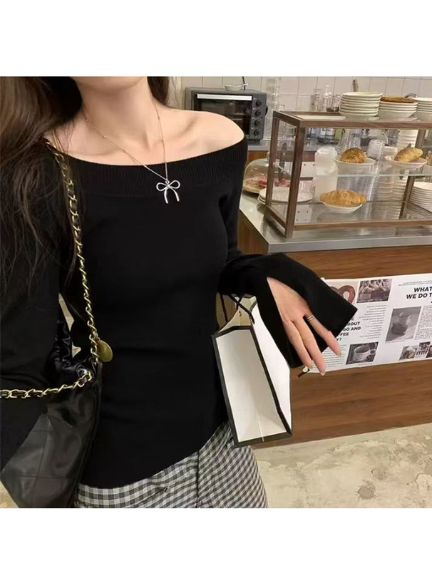 ワンショルダーリブニットトップス