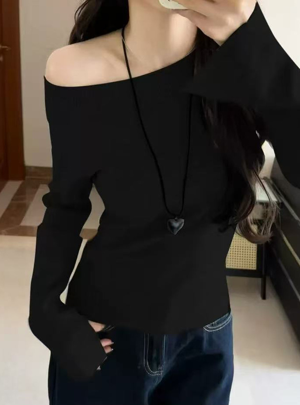 ワンショルダーリブニットトップス