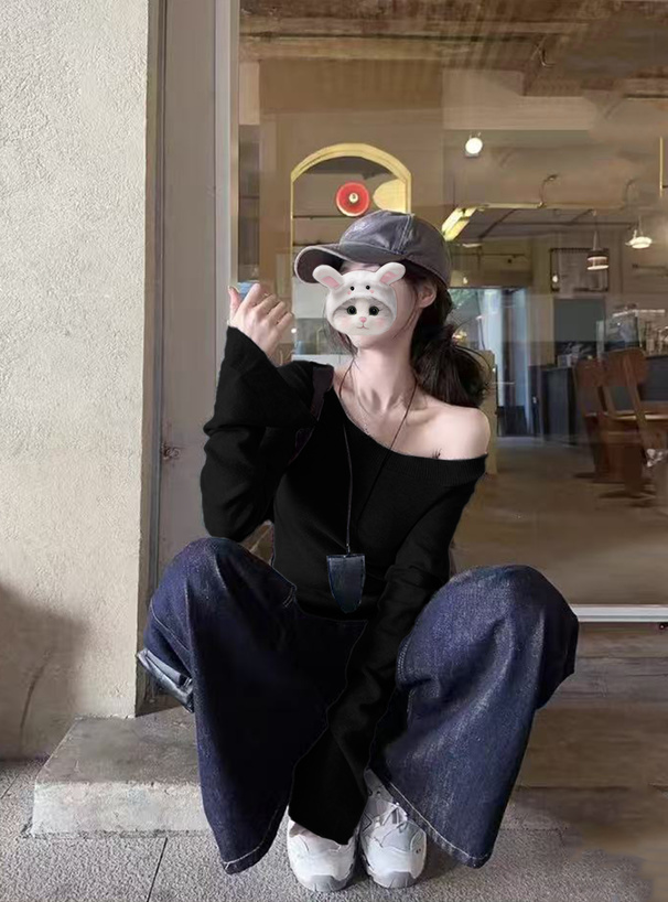 ワンショルダーリブニットトップス