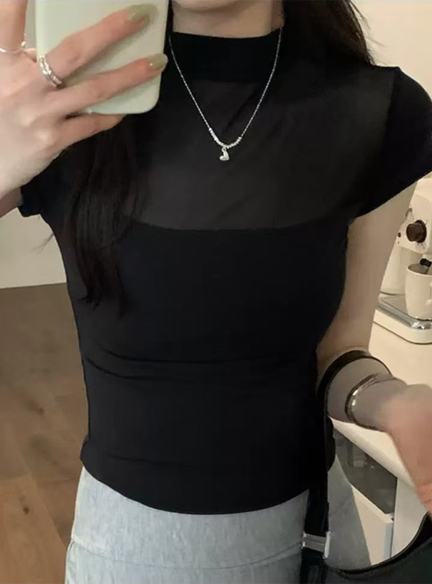 シアー切替ハイネックトップス