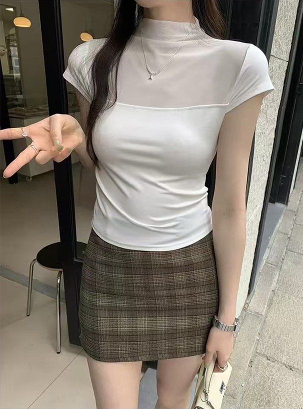 シアー切替ハイネックトップス