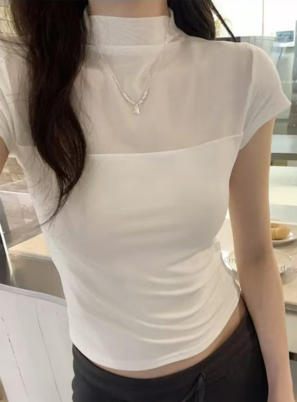 シアー切替ハイネックトップス